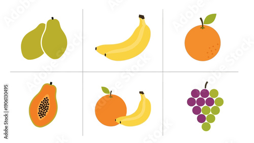 Variety of fruits including pears, bananas, oranges, papaya, and grapes arranged in a grid pattern on a plain surface