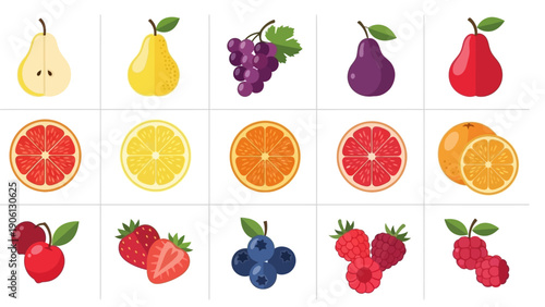 Variety of colorful fruits arranged in a grid pattern on a clean background