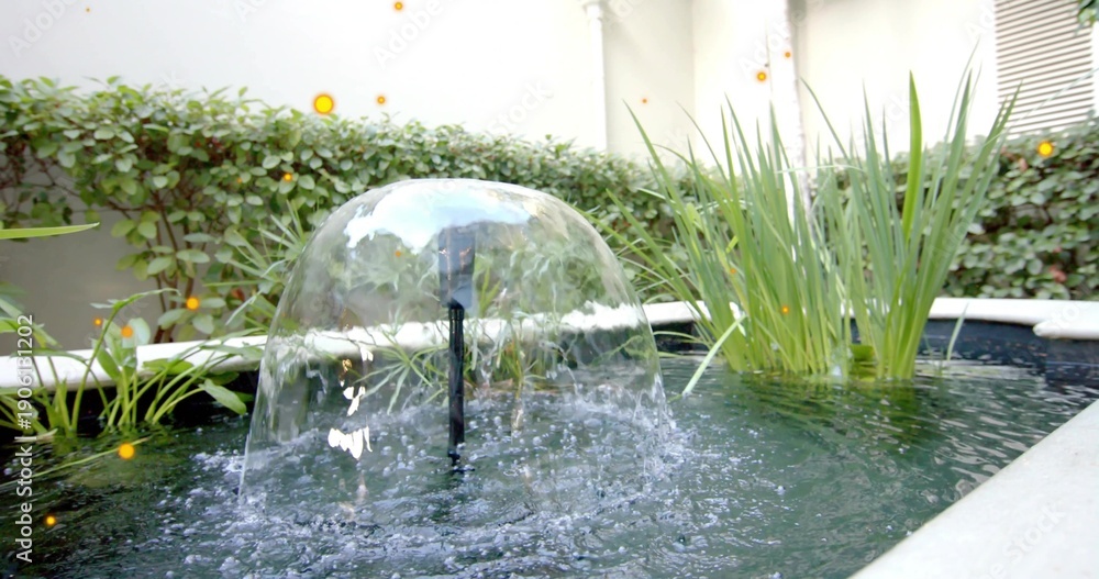 Obraz premium Forming hemispherical water dome shimmering in courtyard pond, fountain nozzle, white coping