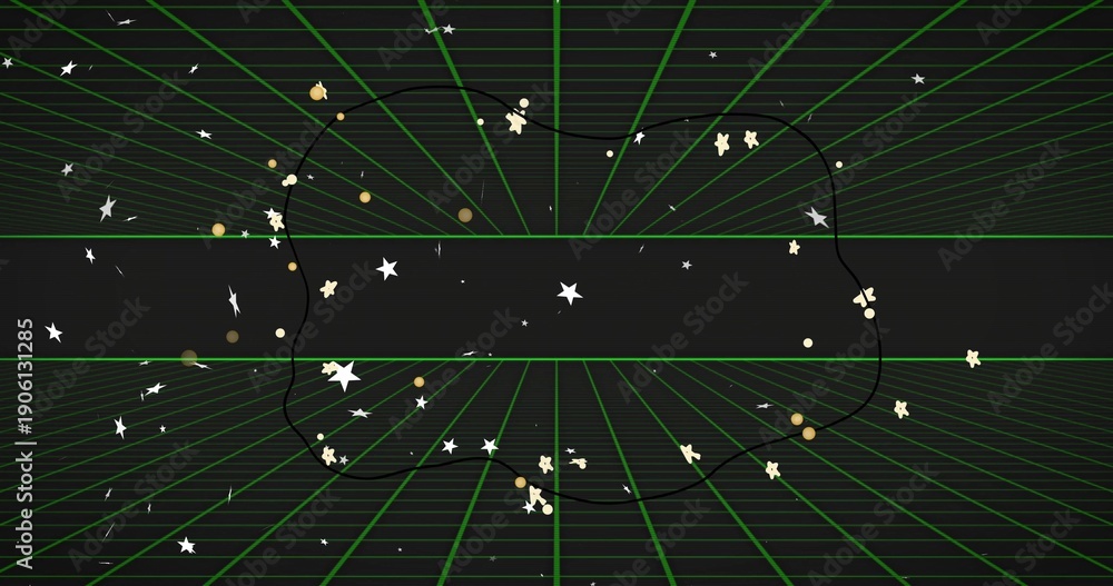 Obraz premium Displaying central dark wavy-outlined banner occupying center, floating amid green grid with stars