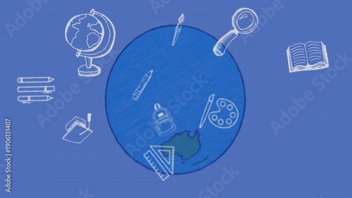 On play, blue globe rotating, revealing school icons orbiting and clustering to showcase education