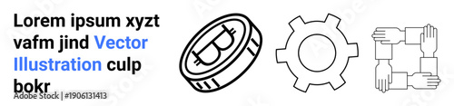 Circular cryptocurrency coin, gear symbol, and linked hands form abstract teamwork and efficiency theme. Ideal for technology, business, collaboration, blockchain, innovation, community simple