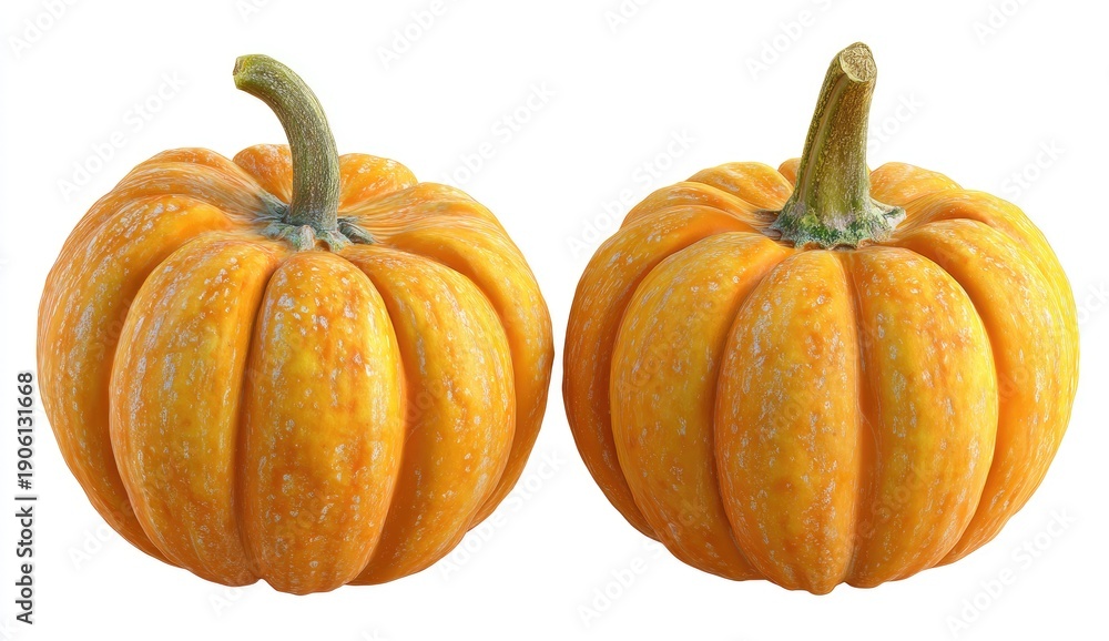 Fototapeta premium Two vibrant orange pumpkins isolated on white background for harvest theme