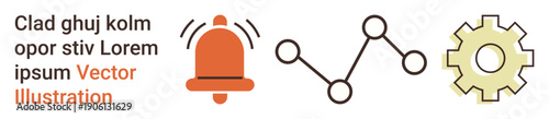 Business insights, notifications, system integration, data analysis, workflow automation, efficiency improvement. Icons of a bell, line graph and gear. Business insights and notifications concept