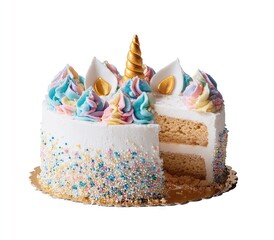 Unicorn cake with cut slice on white background dessert food item