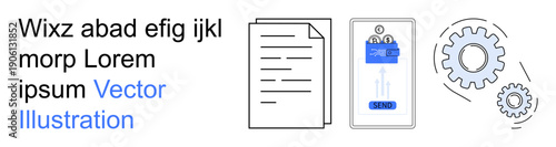 Business processes, digital documentation, online submission, project management, automation, workflow optimization. Paper document, mobile submission with send icon and gears. Digital documentation