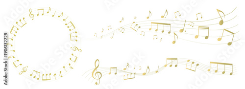 ゴールドの遠近感のある楽譜のフレームイラスト　五線譜　背景イラスト　音符、休符、音楽記号のイラスト