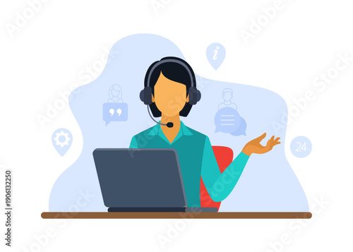 Flat vector illustration of a customer support agent using a headset and laptop to assist users through online chat and calls. Stock illustration.