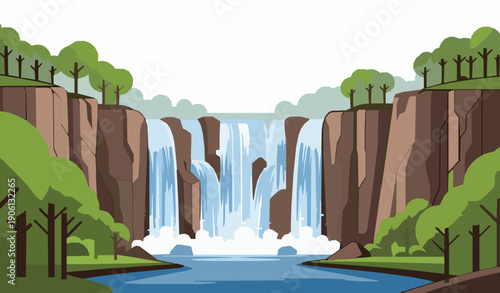 Waterfall landscape vector illustration with mountains, trees, and flowing river in nature design