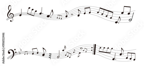 遠近感のある楽譜のフレームイラスト　五線譜　背景イラスト　音符、休符、音楽記号のイラスト