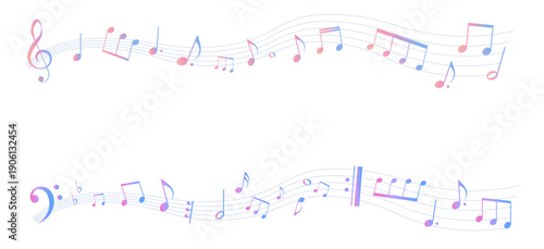 カラフルな遠近感のある楽譜のフレームイラスト　五線譜　背景イラスト　音符、休符、音楽記号のイラスト