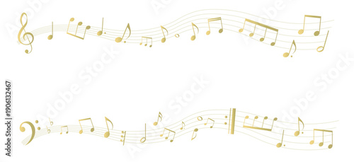 ゴールドの遠近感のある楽譜のフレームイラスト　五線譜　背景イラスト　音符、休符、音楽記号のイラスト
