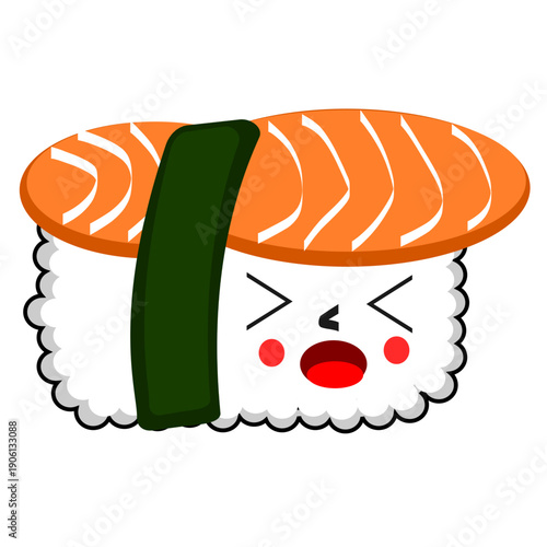 Cute fresh salmon sushi illustration featuring an adorable character with charming expressions, perfect for food designs or kids’ content