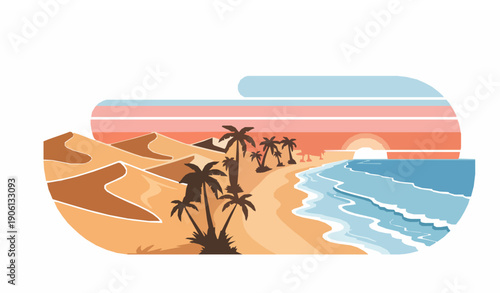 Beach vector illustration with palm trees and ocean waves in tropical summer landscape