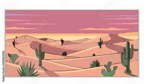 Desert and beach vector illustration with sand dunes, palm trees, and sunset coastal scenery