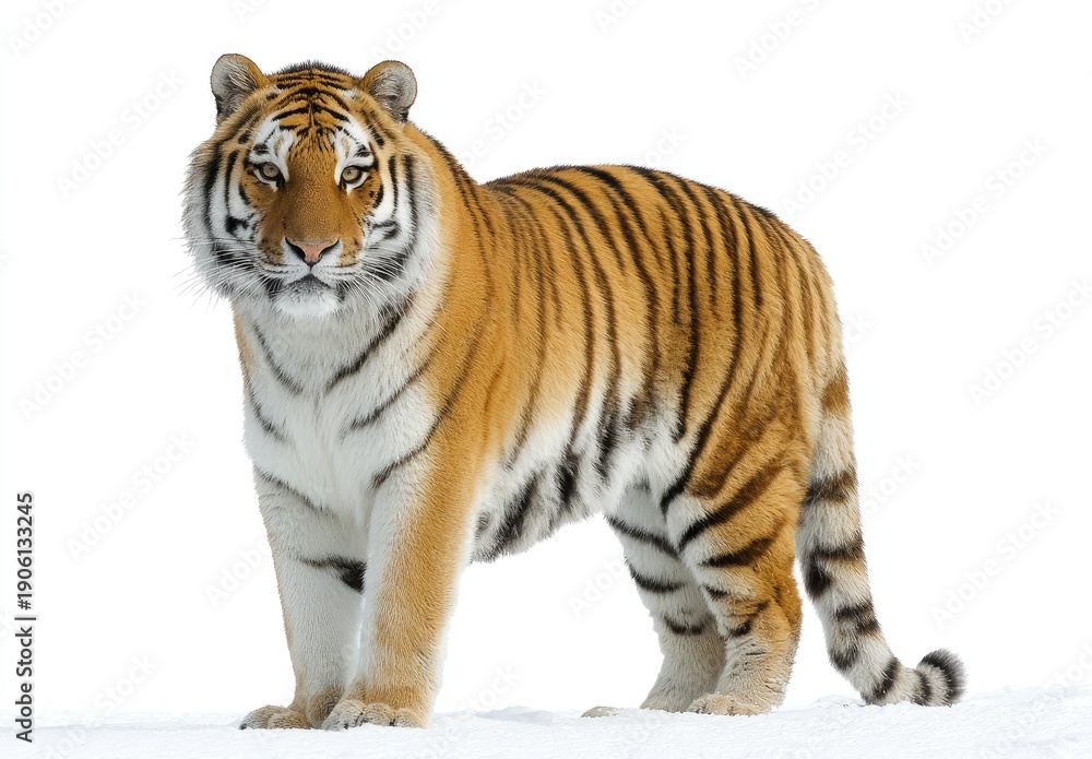 Obraz premium Majestic tiger with orange and black stripes isolated on white background