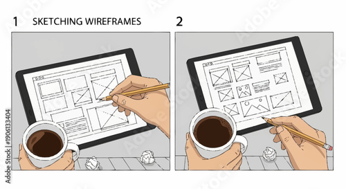 Hands sketching wireframes on tablet with coffee.