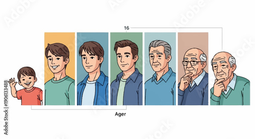 Human life cycle showing stages of aging from childhood to old age.