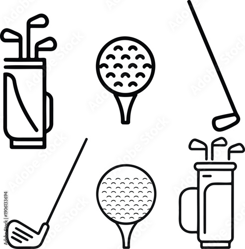 Black and white line of golf equipment including clubs bags and balls on tees