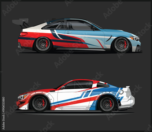 Two racing cars with red white and blue designs side view
