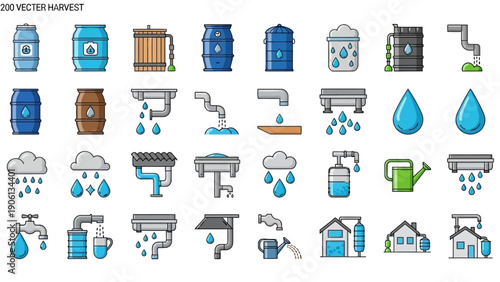 Collection of Water Harvesting Icons Featuring Tanks, Faucets, and Droplets in Various Settings and Viewpoints