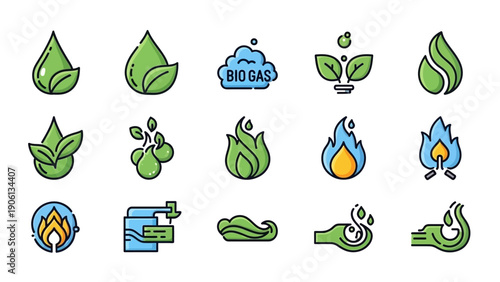 Collection of bio energy icons representing sustainable resources and eco-friendly practices in a modern illustration style
