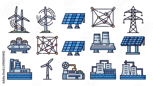 Renewable energy infrastructure illustration featuring wind turbines, solar panels, and power transmission towers in an industrial setting