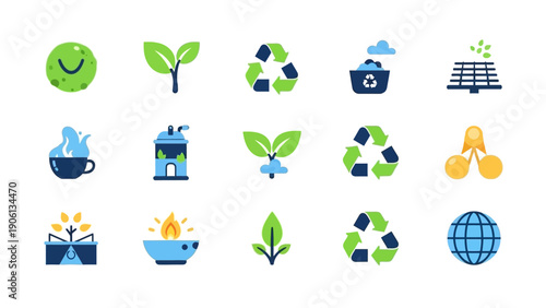 Collection of eco-friendly icons representing sustainability and green energy concepts in a modern flat design style