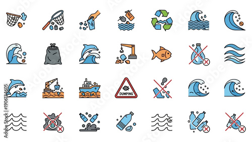 Collection of blue-themed icons representing natural disasters and environmental warnings, displayed on a set of digital illustrations