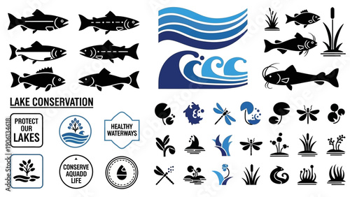 Collection of aquatic icons and logos for lake conservation efforts and environmental awareness