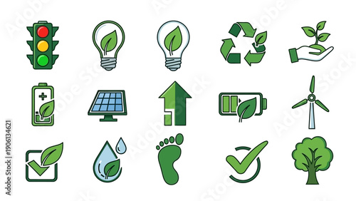 Ecological icons set illustrating sustainable practices and renewable energy sources in a modern flat design style