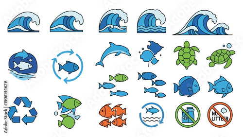 Collection of ocean conservation icons featuring waves, marine life, and recycling symbols in various styles