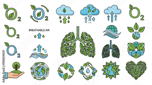 Sustainable Environment Illustrations Featuring Lungs, Earth, Plants, Oxygen, and Ecology in Various Creative Representations