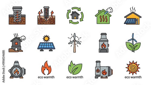 Eco-friendly icons representing sustainable energy sources and environmental conservation concepts via various illustrations