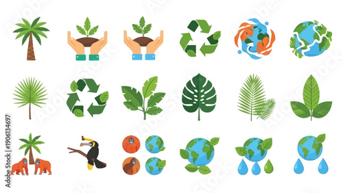 Eco-friendly illustrations showcasing earthy elements and conservation efforts through various symbols and icons.