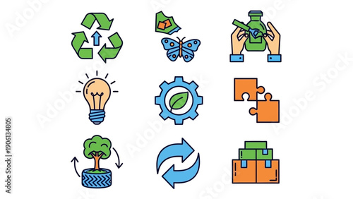 Sustainable Development Icons Representing Eco-Friendly Practices and Renewable Energy Sources in a Modern Digital Illustration