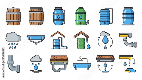 Water Supply System Icons Representing Storage and Distribution Processes in Various Industrial Settings