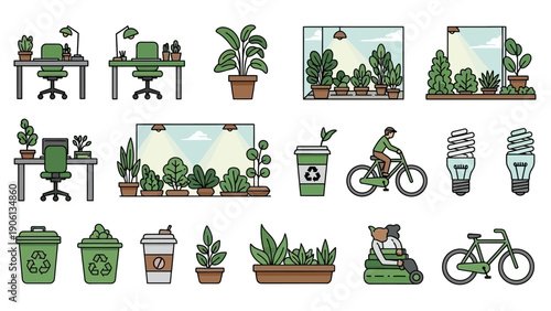Office and outdoor scenes with plants, recycling bins, and bicycles illustrated in a modern graphic style