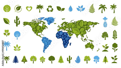 Global Environmental Illustration Featuring Earth, Conservation, and Sustainability Symbols from Various Landscapes