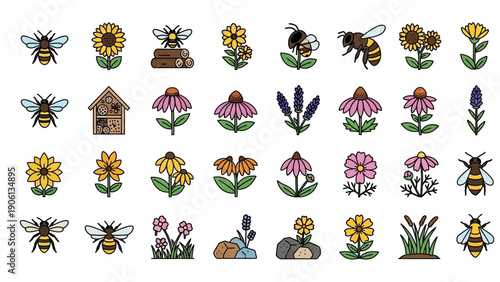 Vibrant Floral Scene with Bees and Insects in a Lush Garden Environment from a Direct Viewpoint