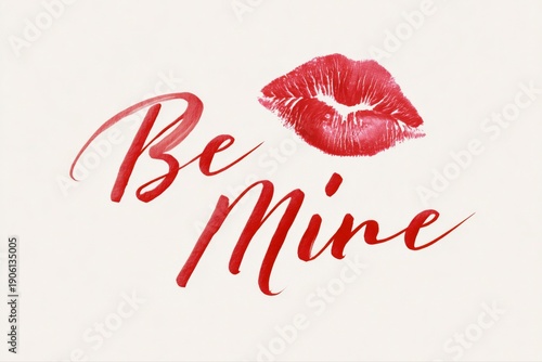 “Be Mine” romantic Valentine’s Day lettering with red lipstick kiss symbolizing love and desire