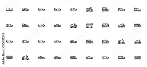 Transport icon set. Vector vehicles collection. Includes train, car, bus, vespa, minibus, camper. Editable stroke line illustration.