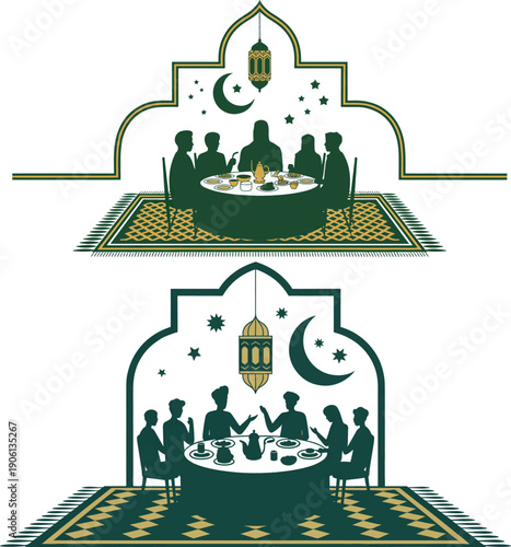 Ramadan Iftar Gathering in Traditional Islamic Setting with Green and Gold Accents in Flat Design for Cultural Celebration
