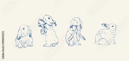 Bunny with ribbons. sketch set. Vintage style engraved pencil drawings of Easter rabbits or hare. Doodle illustration. Easter bunny with ribbons. Cute fluffy animals sitting and standing. Hand drawn