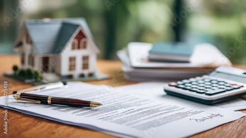 A Homeowner's Desk with a Miniature House Model, Mortgage Documents, and a Calculator for Financial Planning and Real Estate Investment Decisions in a Bright Setting