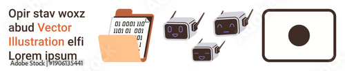 Data storage, robotics, AI, visual media, digital analytics, tech design. A folder with binary digits, robotic faces with expressions and a minimalist camera icon. Data storage and robotics concepts