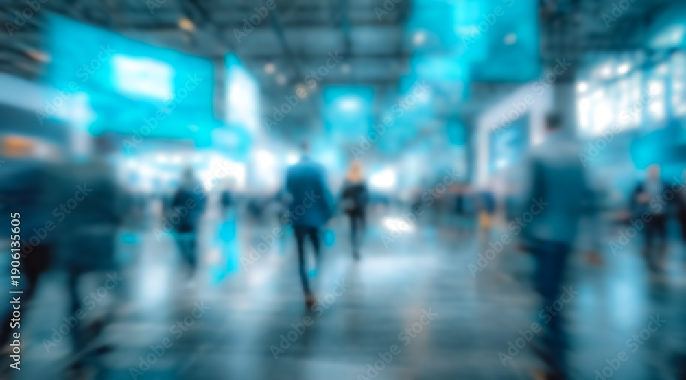 Fototapeta premium A high quality blurred scene shows people mingling at a networking event in a bright modern conference hall with soft architectural lighting.