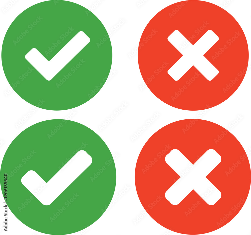 Fototapeta premium Four circular with green check marks and red cross symbols on a white background