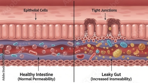 Comparison of healthy intestine and leaky gut barrier function
