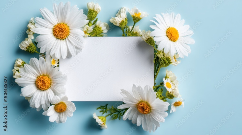 Obraz premium Fresh White Daisies Framing Blank Card on Soft Blue Background for Invitations, Celebrations, Announcements, and Personal Messages